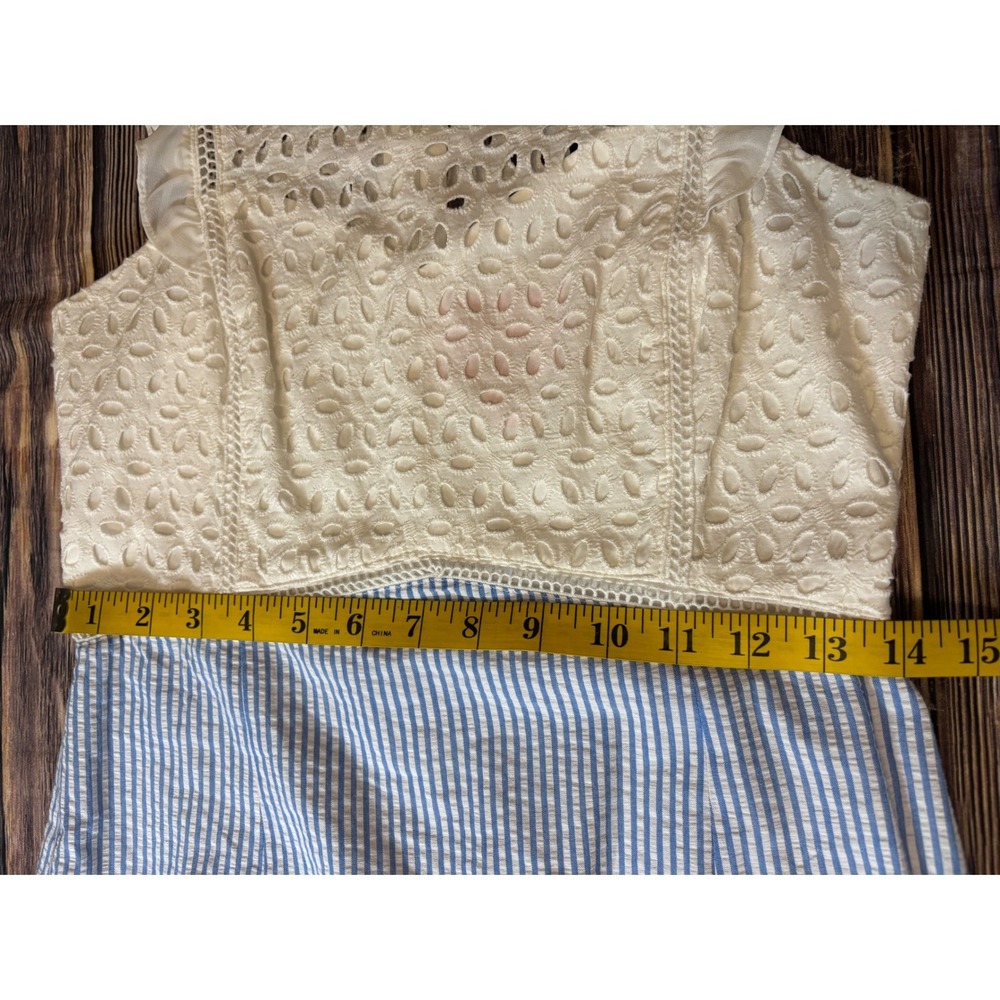 Lilly Pulitzer Blue White Seersucker Eyelet Lace Ruffle Shift Dress Size 4 - Picture 10 of 16